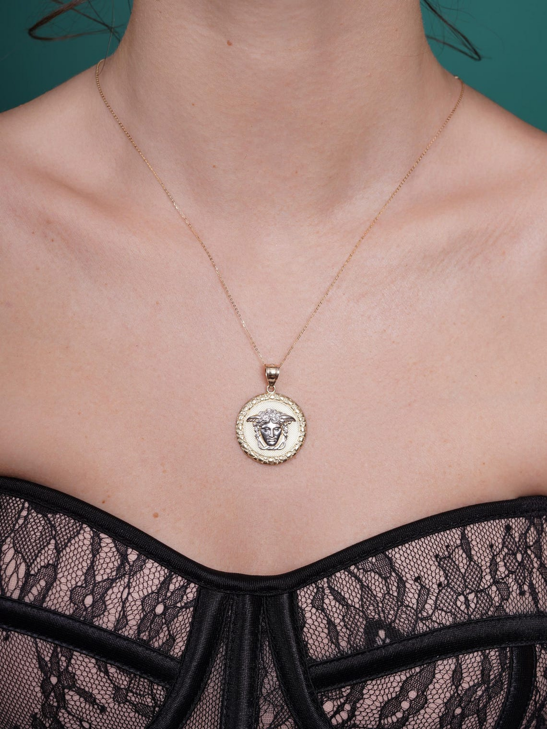 14K Yellow Gold Medusa Medallion with Nugget Style Border-Two Tone