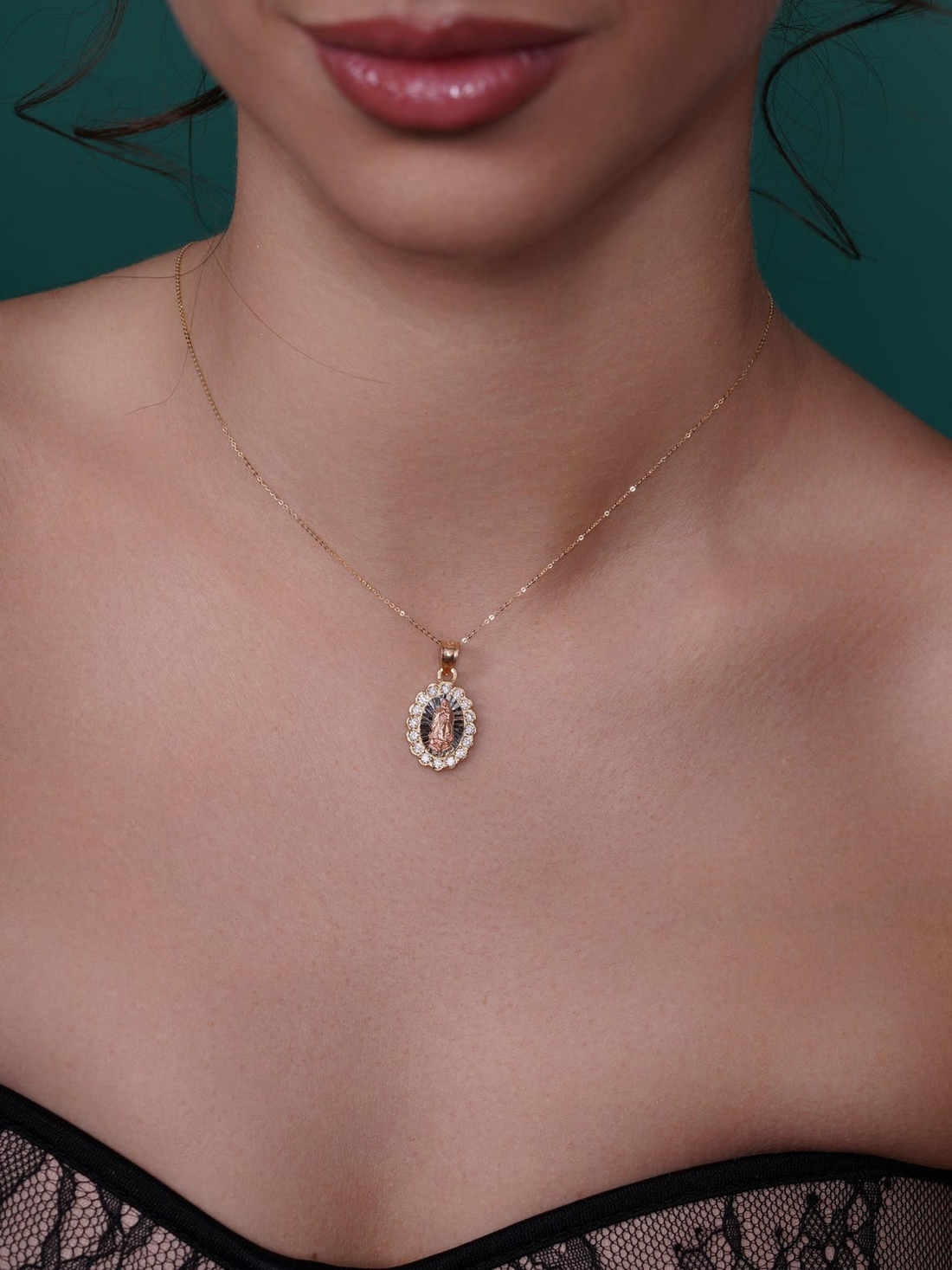 14K Tri Color Gold Virgin Mary Pendant – Oval Medallion with Cubic Zirconia Stones